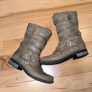Eric Michael Real Leather Grey Combat Boots With Strap And Buckle Detailing